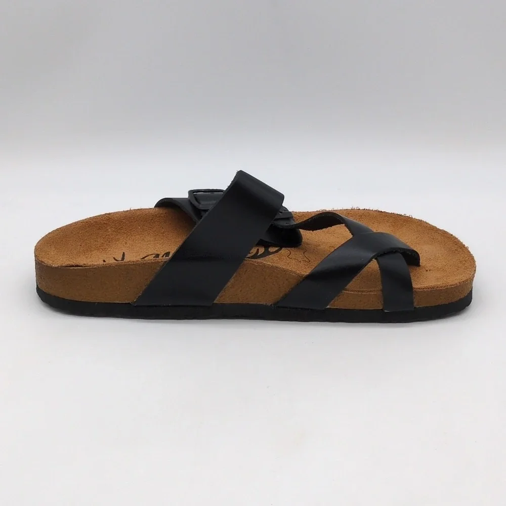 Moosefield Shoes Womens Black 39 Leather Thong Sandals Double Buckle Straps NEW
